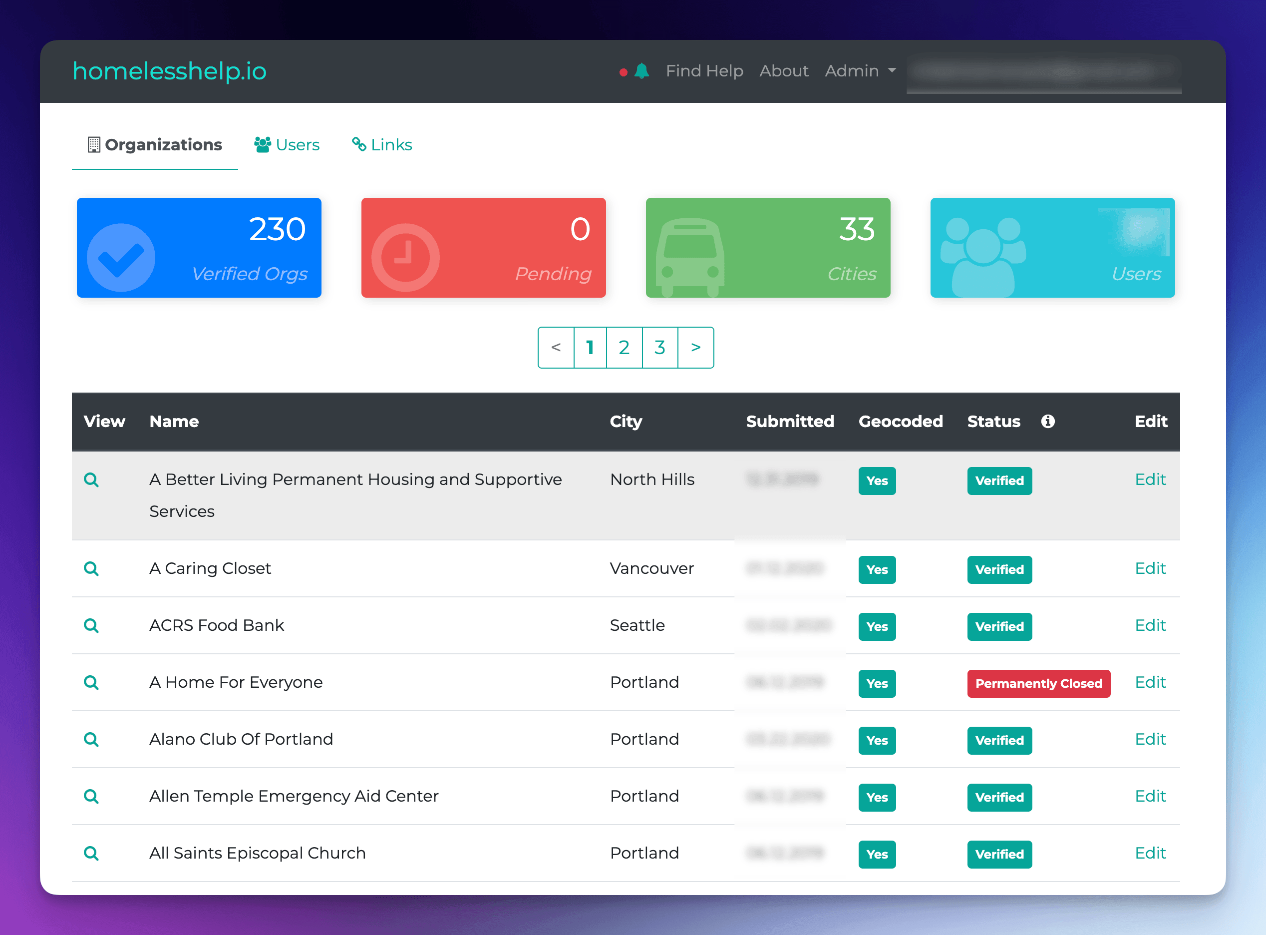 Homelesshelp.io Admin Dashboard