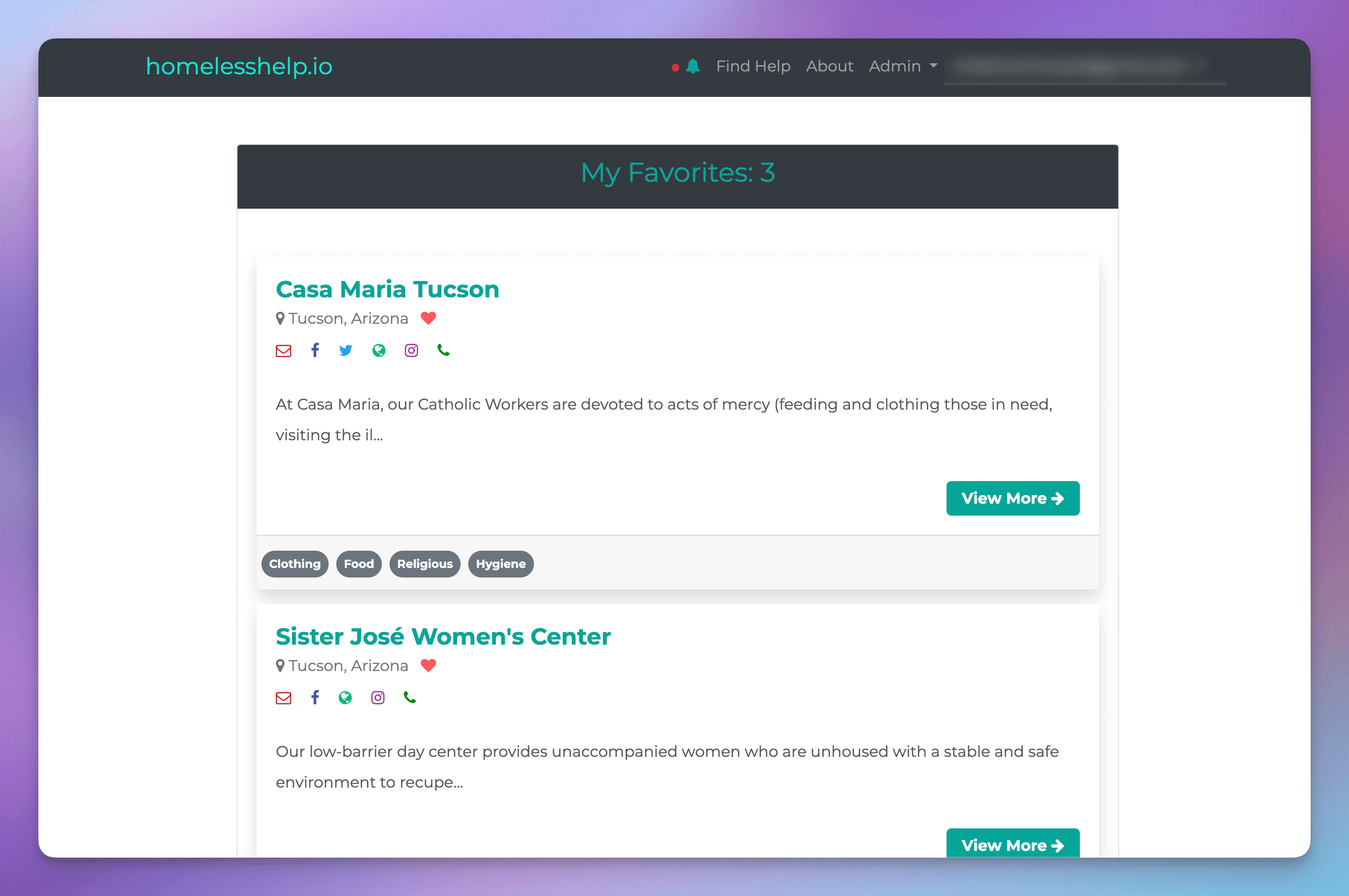 Homelesshelp.io User Favorites Page