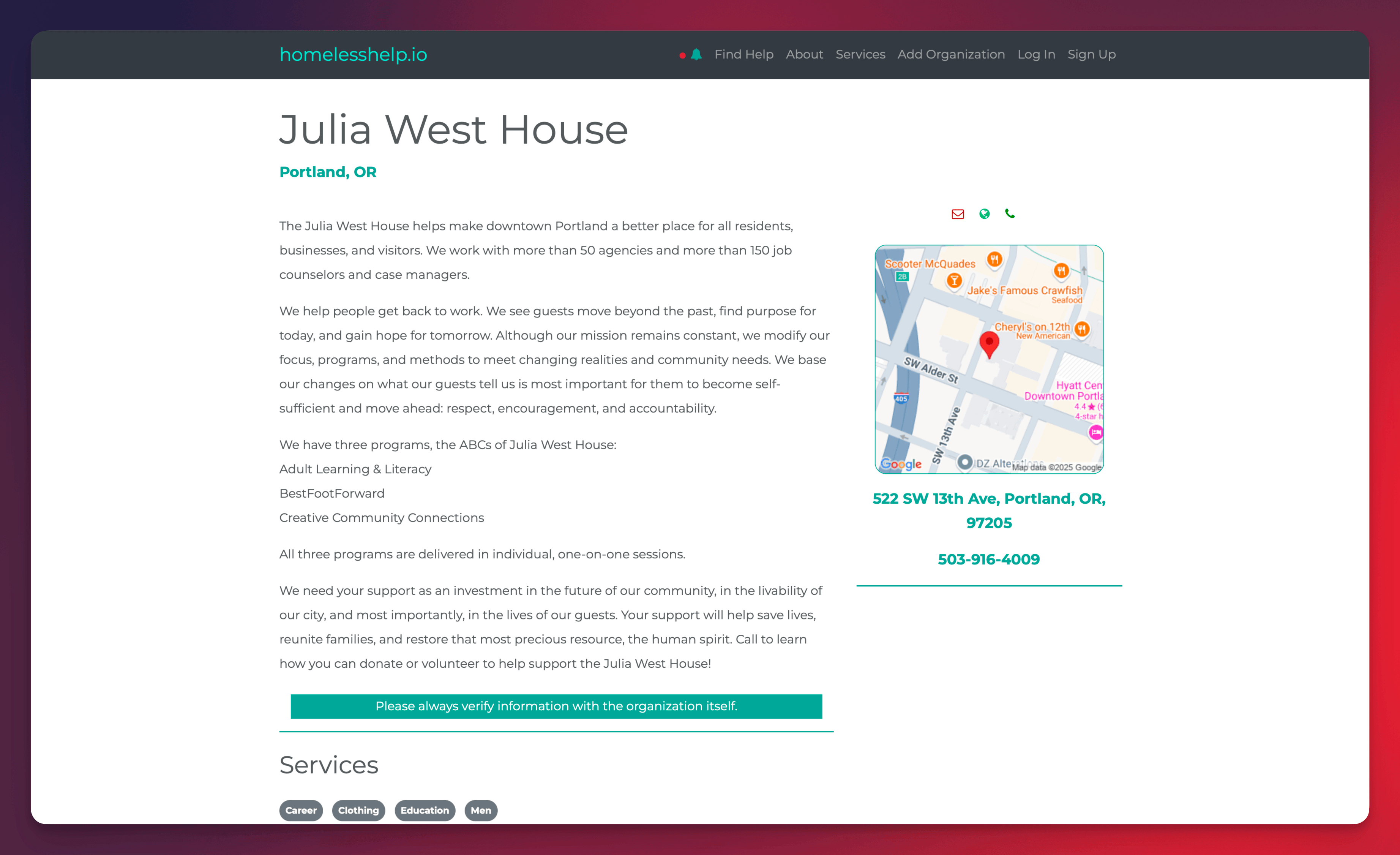 Homelesshelp.io Organization Detail Page