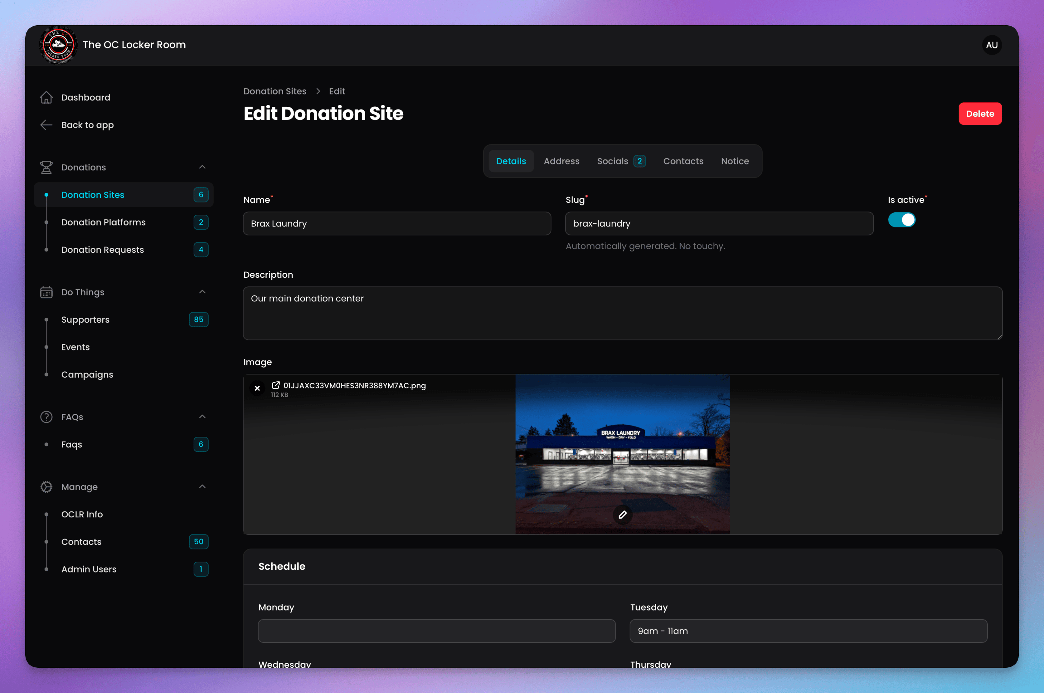 The OC Locker Room Admin Section - Donation Sites Edit